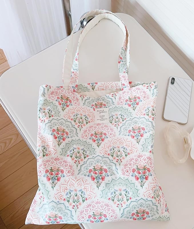 Cotton Canvas Tote Bag Reusable Soft Grocery Cloth Bag Floral Shoulder Bag for Beach Travel Shopping