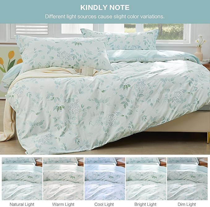 SAPHREAS Botanical Leaves Duvet Cover Set Full Size 3pcs Agua Blue Bedding Comforter Cover Set 100% Cotton 1 Duvet Cover 2 Pillow Shams, Comforter Not Included