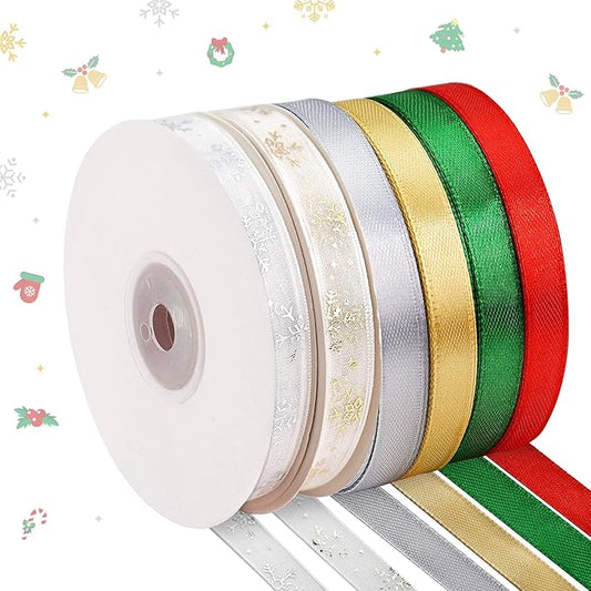 6 Rolls Snowflake Wrapping Ribbon 3/8 Inch x 150 Yards Glitter Fabric Holiday Festival Satin Ribbons for Wrapping Decoration Floral Bows Craft(Snowflake)