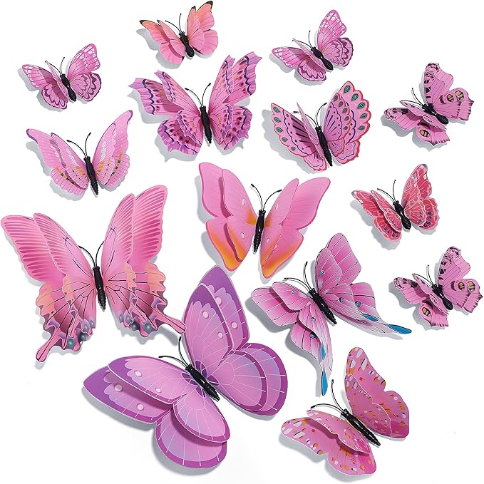 SAOROPEB 3D Butterfly Wall Decor, 24 Pcs Double Layer Butterfly Decorations for Party Decorations Locker Decor Refrigerator Decal, Reusable (Pink)