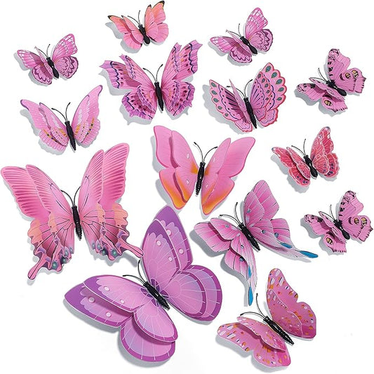 SAOROPEB 3D Butterfly Wall Decor, 48 Pcs Double Layer Butterfly Decorations for Party Decorations Locker Decor Refrigerator Decal, Reusable (Pink)