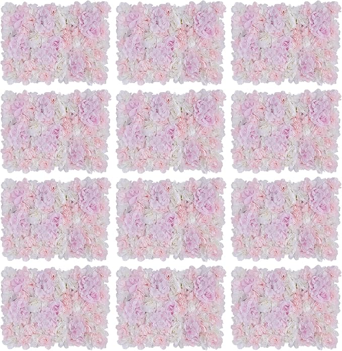 12 Pcs Artificial Flower Wall Panel 3D Silk Fabric Floral Backdrop Flower Wall Decor for Wedding Party Event Photo Stage (Light Pink Hydrangea Rose)