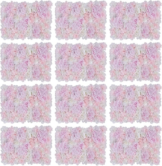 12 Pcs Artificial Flower Wall Panel 3D Silk Fabric Floral Backdrop Flower Wall Decor for Wedding Party Event Photo Stage (Light Pink Hydrangea Rose)