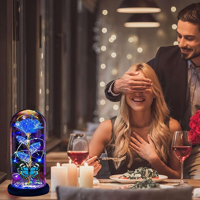 Christmas Rose for Women Mom Wife Her,Womens Gifts for Christmas,Light Up Rose Flower Gifts for Women,Glass Butterfly Gifts for Sister, Birthday Gifts for Mom Blue
