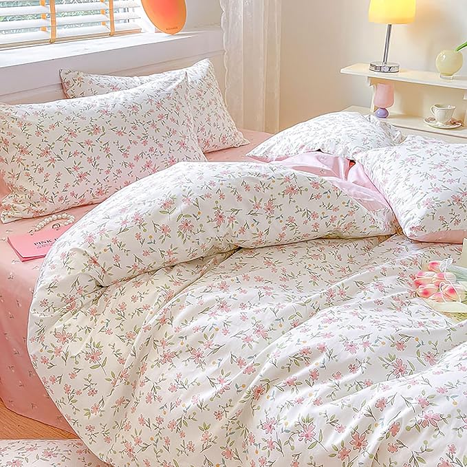 EAVD Pink Floral Duvet Cover Full White Soft Cotton Chic Shabby Garden Floral Bedding Set with 2 Pillowcases Cute Floral Botanical Duvet Cover with Zipper Closure