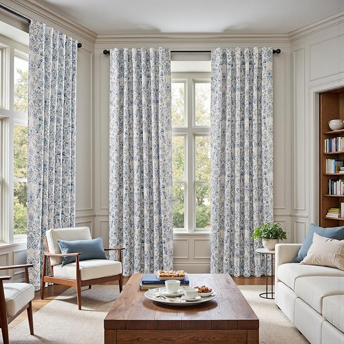 jinchan Floral Blackout Curtains for Bedroom Living Room 84 Inches Length Farmhouse Curtains Room Darkening Vintage Drapes Traditional Rod Pocket Window Treatment 2 Panels Set Blue on Beige