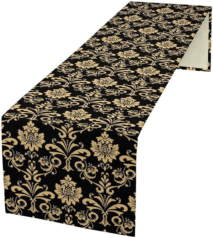 Gold Damask Table Runner,Gothic Antique Victorian Floral Boho Table Runner for Home Kitchen Table Dining Garden Farmhouse Wedding Party Decor 13x60 Inch