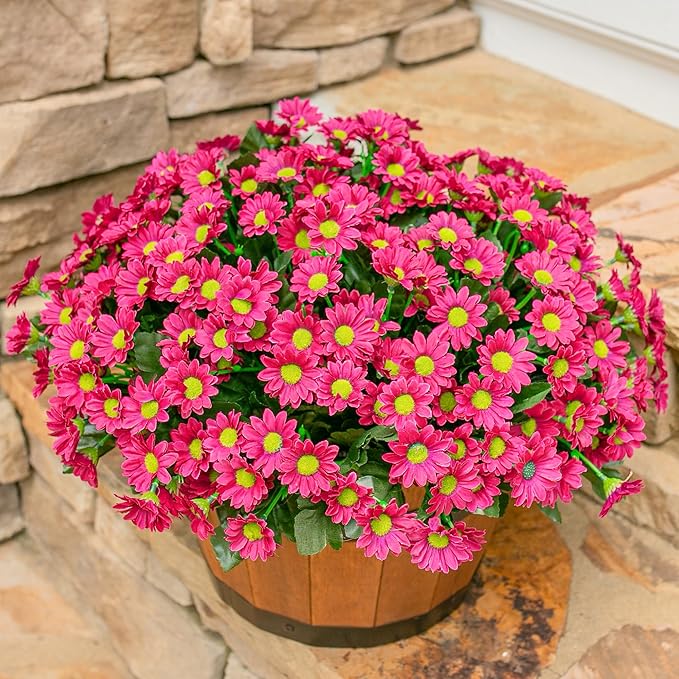 Daisy Artificial Flowers for Outdoors Winter Decoration, 6 Bundles Fake Mums Dark Red Silk Flowers for Outside Look Real UV Resistant Faux Flowers Plants for Planter Front Door Home Indoor Porch
