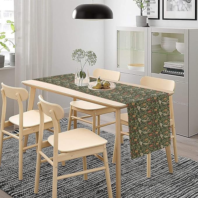 William Morris Table Runner, Vintage Boho Green Botanical Flowers Birds Tabletop Decoration for Kitchen Dining Indoor Outdoor Home Holiday Party, 13x108 Inch