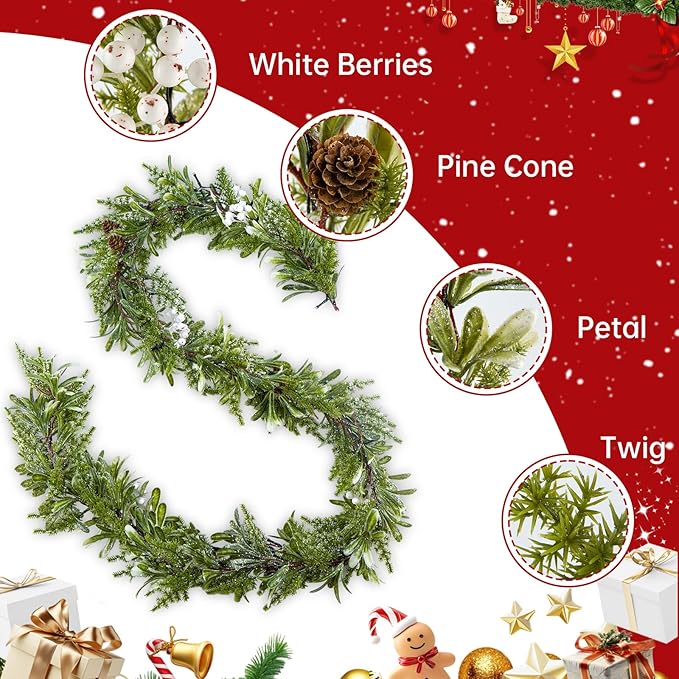 2Pack 6FT Christmas Garland – Artificial Greenery Olive Garland with White Berries, Pinecones & 20 Warm LED Timer Lights – Holiday Garland for Home, Wedding, Party Decorations