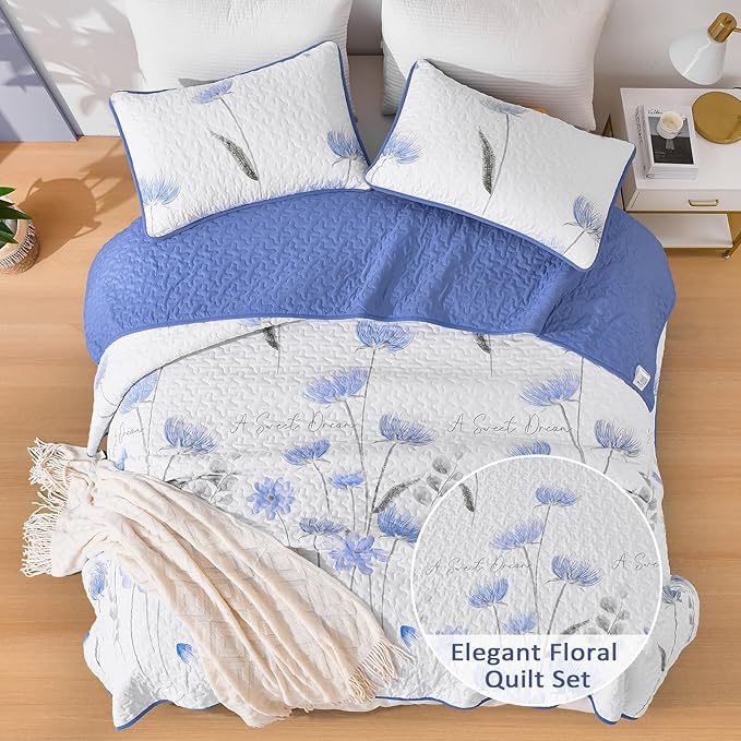 Dinjoy King Size Quilt Set Floral,3 Pieces Blue & White Quilts Coverlet Set Flower Bedspreads Bed Cover Lightweight Summer Quilt Cute Botanical Bedding Sets for King Bed (110"x90")