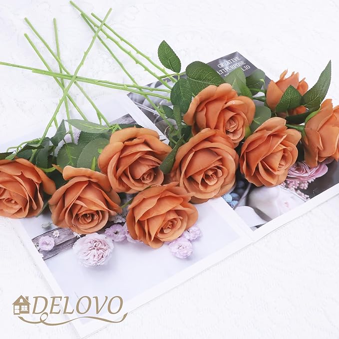 52pcs Terracotta Roses Artificial Flowers Fake Flowers Silk Roses with Stems for DIY Wedding Bouquets Bridal Shower Centerpieces Arrangements Party Decorations