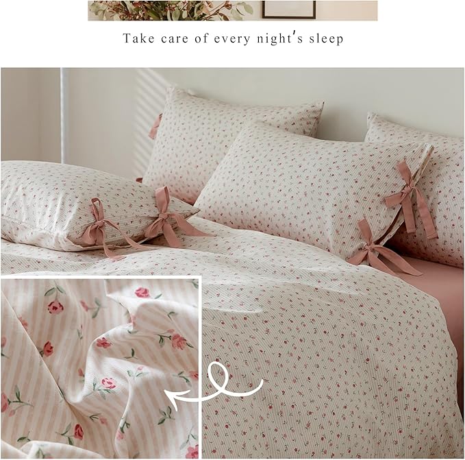 AOJIM Aesthetic Floral Print Duvet Cover for Kids Adults, Pure Cotton Comforter Cover Set 3pcs, 1 Soft Bedding Duvet Cover Queen Size with Zipper Closure and 2 Pillowcases with Bowknot for Room Decor