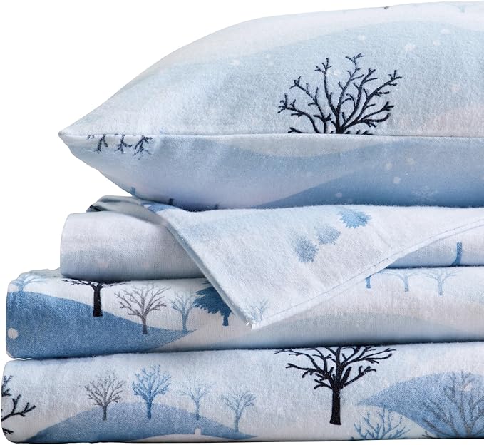 Market & Place 100% Cotton Queen Flannel Sheet Set | 4 Piece Deep Pocket Novelty Cozy Winter Bed Sheets | Double Brushed for Extra Softness & Comfort | Alpine Collection (Queen, Winter Landscape)