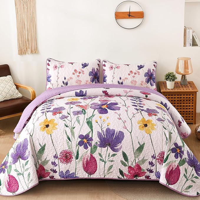 Anibedding Purple Quilt Set King, Floral Pattern Microfiber Bedspreads King Size 3 Pieces Lightweight Reversible Bedding Set with 2 Pillowcases(King, 104"x90")