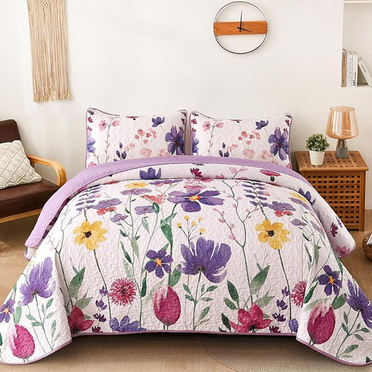Anibedding Purple Quilt Set King, Floral Pattern Microfiber Bedspreads King Size 3 Pieces Lightweight Reversible Bedding Set with 2 Pillowcases(King, 104"x90")