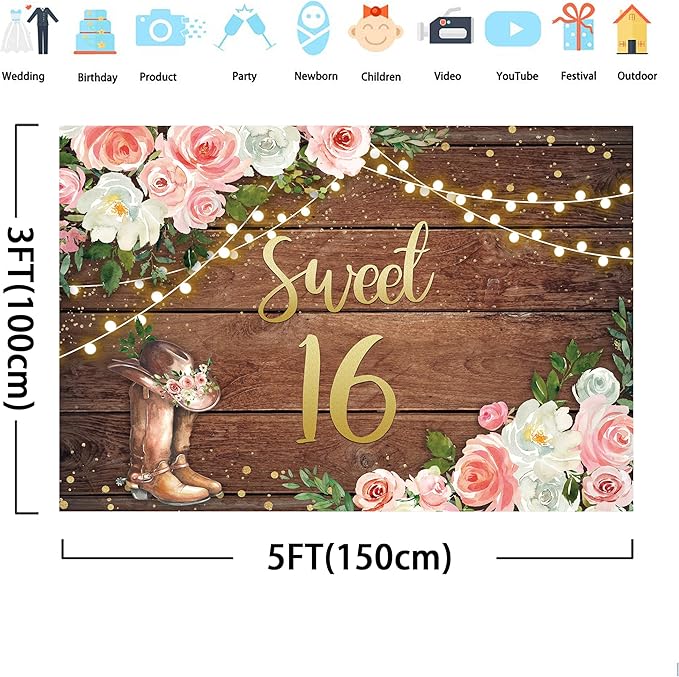 SVBright Sweet 16 Happy Birthday Backdrop 5Wx3H Cowgirl Western Rustic Wooden Plank Country Watercolor Pink Flower Floral Boots Farmhouse Decorations Photography Background Banner Photo Booth Studio