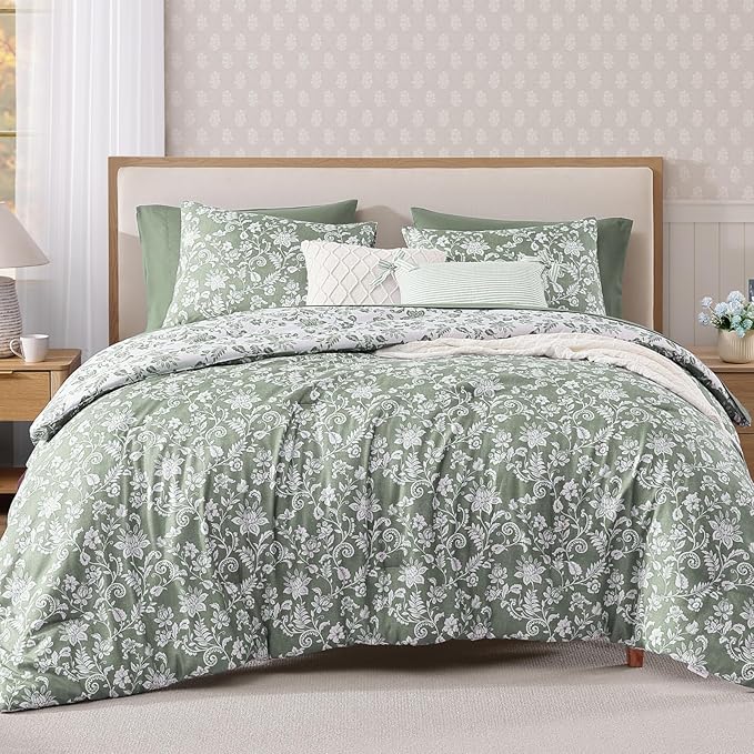 Full Comforter Set -7 Pieces Floral Grey Green Comforter Set for All Seasons, Bed in a Bag Full with Botanical Flowers Comforter, Sheets, Pillowcases & Shams