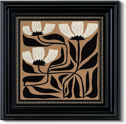 Framed 3D Textured Vintage Floral Wall Art 16x16” Abstract Flower Painting, Sandstone Finish Botanical Print, Minimalist Black White Geometric Design, Bedroom Office Gallery Decor