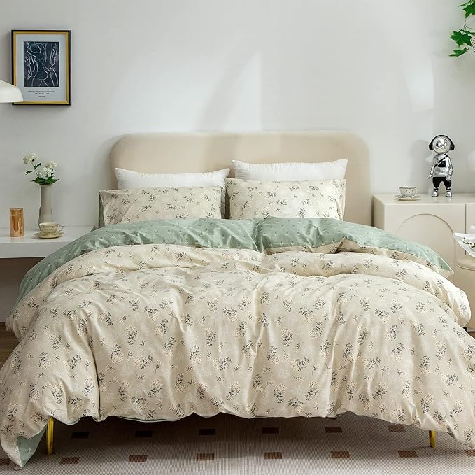Floral Queen Comforter Set 3 Pieces Soft Chic Garden Style Green Floral Print Lightweight Botanical Flower Comforter Set for All Seasons 1 Comforter and 2 Pillowcases