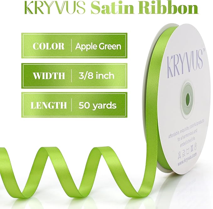 Apple Green Satin Ribbon, Double Faced 3/8 Inch X 50 Yards Apple Green Ribbon, Solid Color Fabric Rolls for Gift Wrapping, Crafts, Hair Bow Making, Sewing, Flower Bouquet, Wedding Party Decor