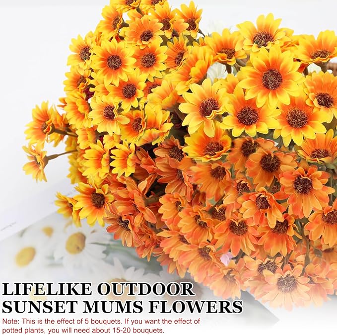 Artificial Mums, Artificial Sunset Mums, Artificial Outdoor Sunset Mum-s Flowers - UV Resistant, Waterproof, Windproof, Reflecting Autumn Vibe (Orange - 10 Bundles)