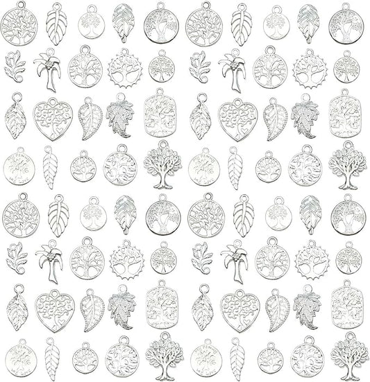 WOCRAFT 60pcs Bright Silver Tree Leaf Charms Bracelet Charms for Jewelry Making Sets DIY Necklace Bracelet Keychain Crafting Charms Kit Craft Supplies (SN891)