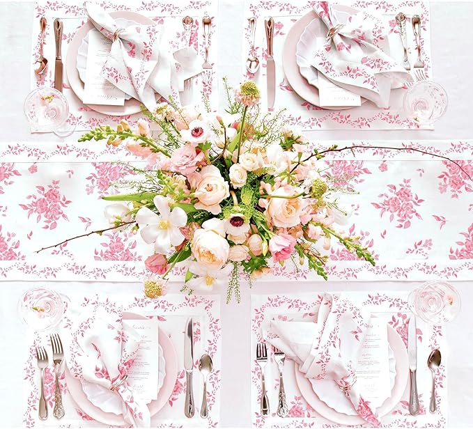 Solino Home Pink Floral Print Table Runner 108 Inches Long - 100% Pure Linen Table Runner 14 x 108 Inch - Handcrafted and Machine Washable - Jolie Fleur Print