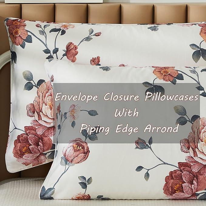 FADFAY Sheets Set Twin XL Shabby Beige Floral Bedding Elegant Peony Sheets Set Vintage Flower Bedding Collections 800 Thread Count 100% Egyptian Cotton Deep Pocket Fitted Sheet, 4Pcs-Twin XL Size