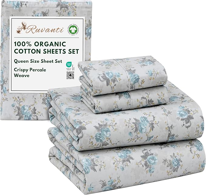 RUVANTI 100% Organic Cotton Sheets Queen Size, Percale Weave, GOTS Certified, 4-Piece Set, Deep Pocket 15", Crisp & Breathable, Soft Durable Bedding, Sábanas Algodón Orgánico – Blue Rose