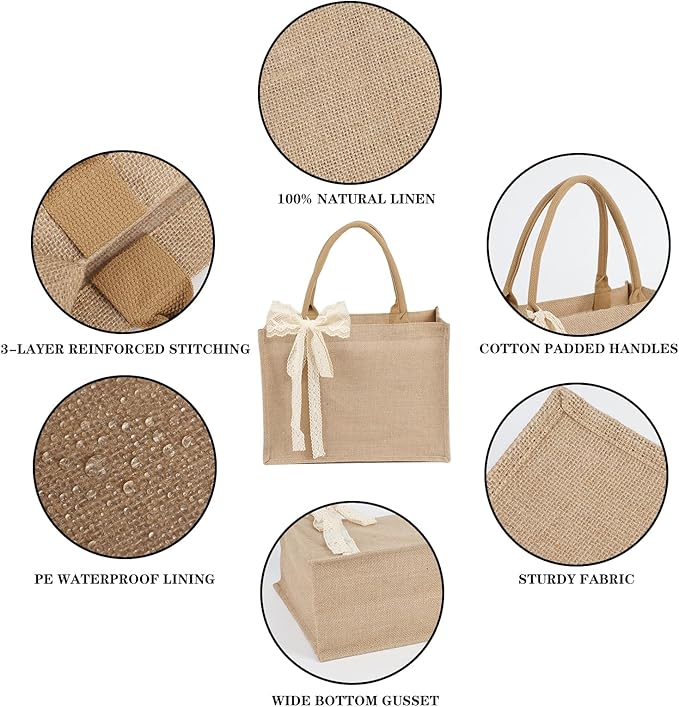 10pcs Burlap Tote Bag Set with Handles, Waterproof Reusable Blank Water Resistant Grocery Bags with Ribbon Large Jute Tote 15.4*6*12 In for Women Bridesmaid Gift Christmas Shopping Wedding Travel DIY