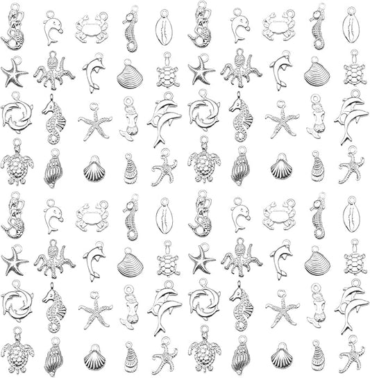 WOCRAFT 60pcs Bright Silver Ocean Bracelet Charms for Jewelry Making Sets DIY Necklace Bracelet Keychain Crafting Charms Kit Craft Supplies (SN885)