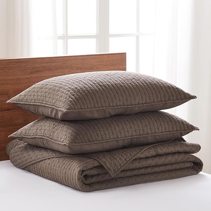 Levtex Home Cross Stitch Reversible Queen Bedspread Set (104x106in) with 2 Pillow Shams (26x20in) - Stitch Texture - Cocoa - Cotton Queen Size Bedspread Set - Lightweight, Soft, Pre-Washed