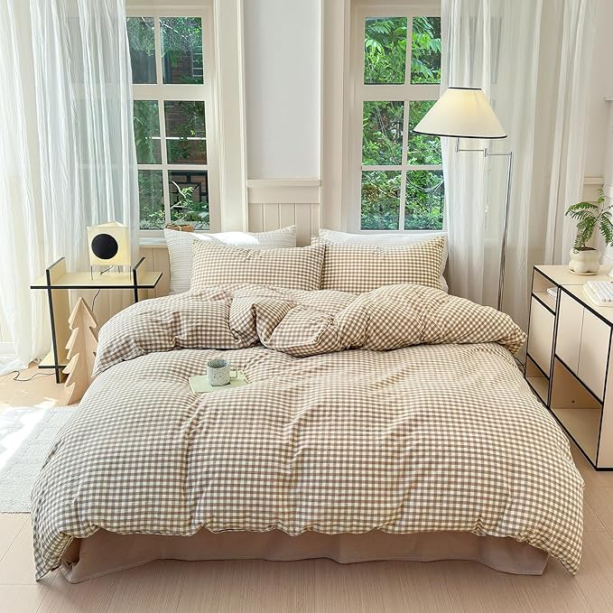 LifeTB Tan Gingham Comforter Set Full Modern Style Beige Plaid Comforter Set 3 Pieces Soft Fluffy Grid Checkered Pattern Comforter with 2 Pillowcases Farmhouse Gingham Bedding Comforter Full