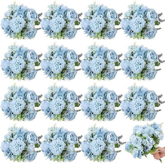 Lyrow 16 Pcs Peony Artificial Flowers Fake Silk Hydrangea Bouquet Elegant Peony Flowers for Wedding Decoration Faux Realistic Floral for Home Party Table Centerpieces Arrangement (Blue)