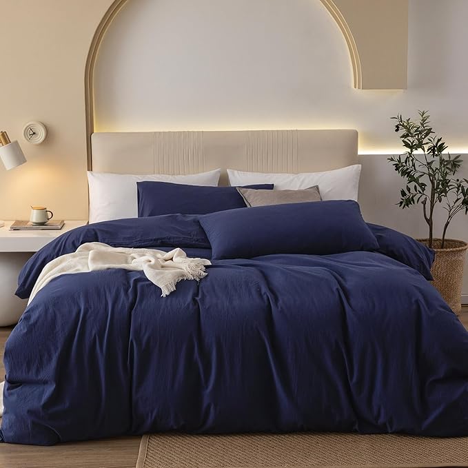 JIYUAN 100% Washed Cotton Duvet Cover Set 3 Pieces Cal King, 1 Duvet Cover 104x98 Inches(Comforter Not Included) and 2 Pillowcases,Linen Feel Bedding Set Comfy and Breathable,Navy Blue