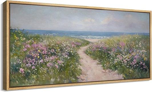 SIGNFORD Extra Large Framed Canvas Print Wall Art Seaside Path with Wildflowers Coastal Landscape Illustrations Modern Art Relax/Calm Warm for Living Room, Bedroom, Office - 60"x30"