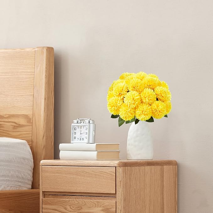 SITUMEIZI 12 Pcs Yellow Artificial Chrysanthemums Flowers Ball Flower Fake Mums Silk for Fall Thanksgiving Day Wedding Home Kitchen Decoration Floral Arrangement