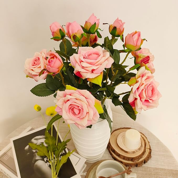 ATFL Fake Pink Roses Flowers, 6 Pcs Faux Silk Real Touch Moisturizing Artificial Pink Rose Flowers for Decoration DIY, Wedding Party, Home Office Decoration and Dining Table Centerpiece (6, Pink)