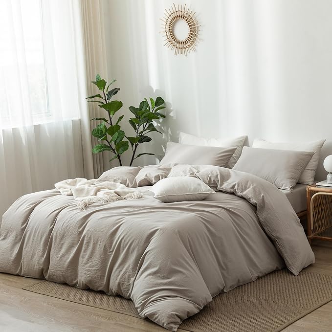 MooMee Bedding Duvet Cover Set 100% Washed Cotton Linen Like Textured Breathable Durable Soft Comfy (Heathered Cream Grey, Full 80"x90")