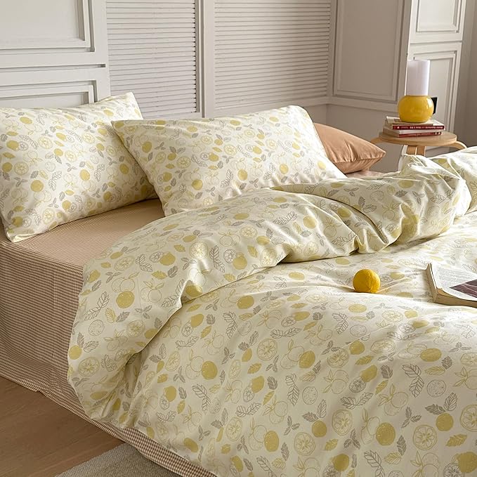 AOJIM Pure Cotton Duvet Cover Set with Cute Pattern Design, Soft Comfy Yellow Lemon Comforter Cover Set 3pcs, 1 Reversible Quilt Cover Full Size and 2 Matching Pillowcases for Room Decor, No Comforter