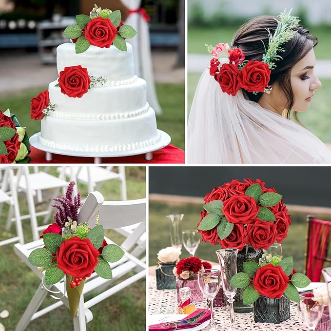AmyHomie Artificial Flowers Red Rose 50pcs Real Looking Fake Roses w/Stem for DIY Wedding Bouquets Centerpieces Arrangements Party Baby Shower Valentines Day Christmas Tree Decorations