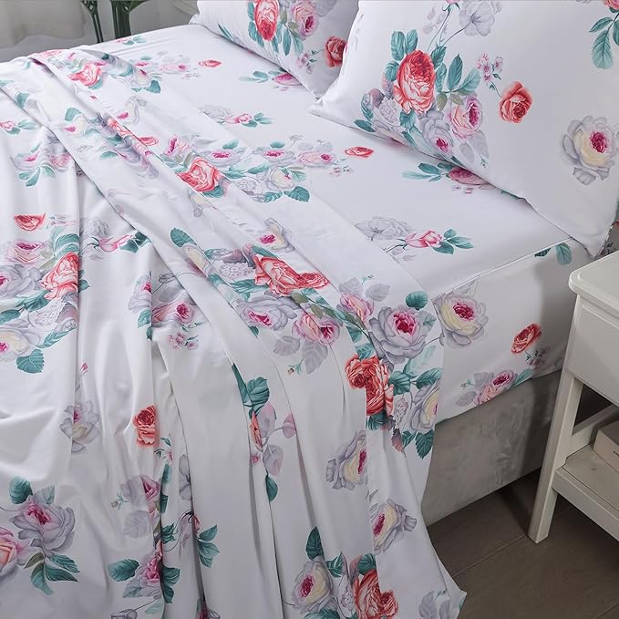 FADFAY Red Vintage Peony Floral Queen Size Sheets Set 100% Brushed Cotton Shabby Purple Rose Pattern Bedding Set Deep Pocket Sheets with 2 Pillowcases Luxury Breathable Soft 4pcs, Queen Size