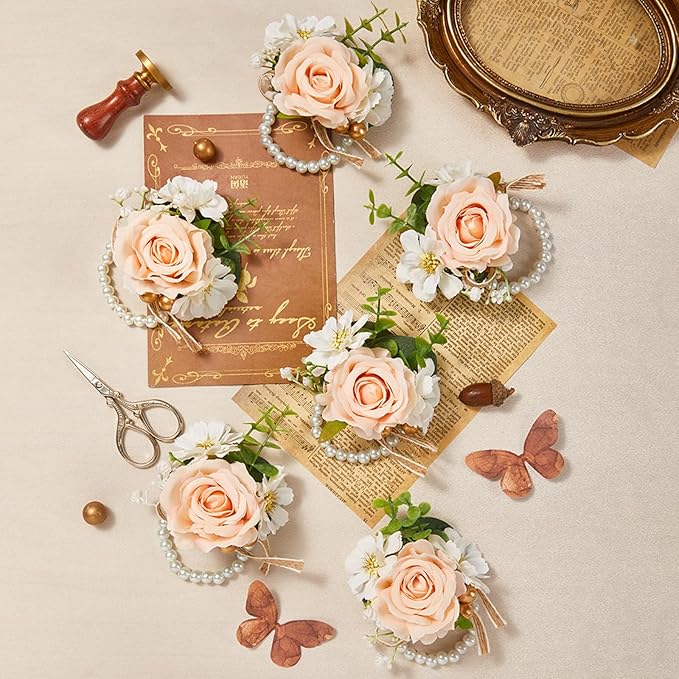 Serwalin 6 PCS Champagne Rose Wrist Corsages Wristlet for Wedding, Corsages for Prom Party Homecoming Corsage Hand Decor for Bride Bridesmaids, Mother of Bride and Groom