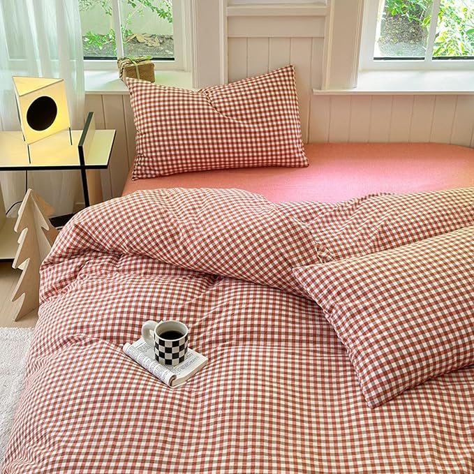 LifeTB Queen Comforter Set Modern Style Red Orange Gingham Comforter Lightweight Plaid Checkered Pattern Comforter Soft Fluffy Gingham Bedding Set Farmhouse Grid Plaid Comforter Set Queen