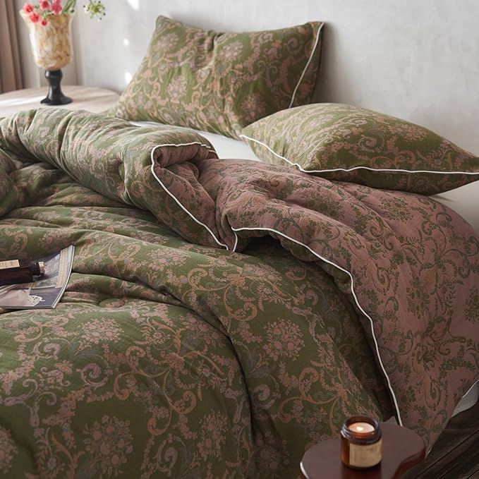 HighBuy Muslin Cotton Comforter Set King Size Paisley Floral Print Hotel Luxury Breathable Bedding Comforter All Season Olive Green Boho Bedding Set with 1 Floral Comforter 2 Pillowcases