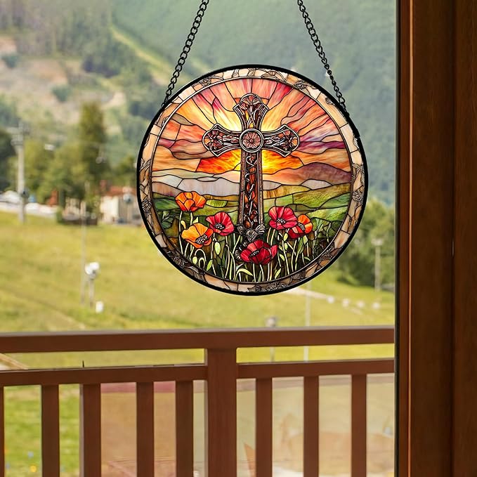 Christian Gifts for Women - Cross Stained Glass Window Hanging Jesus Easter Poppy Sunset Landscape Sun Catcher Garden Religion Decor Mother's Day Catholic Gift for Men Grandma Mom Her 15"