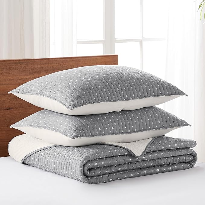 Levtex Home Cross Stitch Reversible King Bedspread Set (120x104in) with 2 Pillow Shams (36x20in) - Stitch Texture - Grey and White - Cotton King Size Bedspread Set - Soft, Pre-Washed