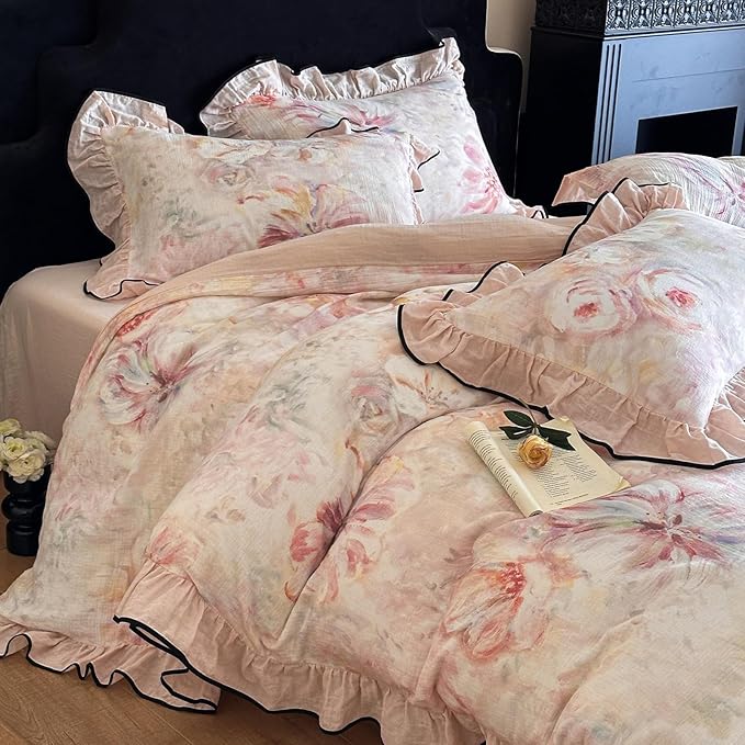HighBuy Ruffle Floral Bedding Linen Duvet Cover King,Yarn-Dyed Cotton Linen Textured Breathable Cottagecore Bedding Set for Women Girls,1 King 104"x90" Duvet Cover and 2 Ruffle Pillowcases