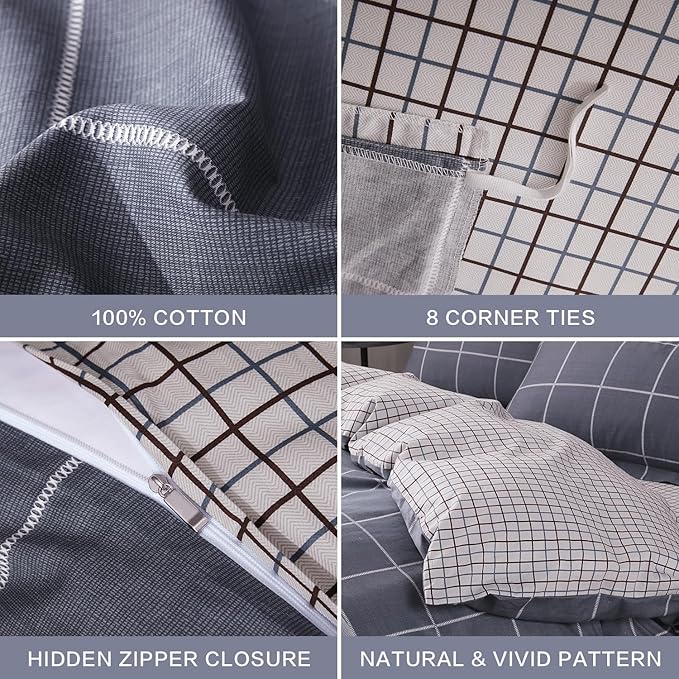 SAPHREAS Gray Plaid Geometric Duvet Cover Set King Size 3pcs Dark Grey Grid Cotton Bedding Comforter Cover Set 1 Duvet Cover 2 Pillow Shams